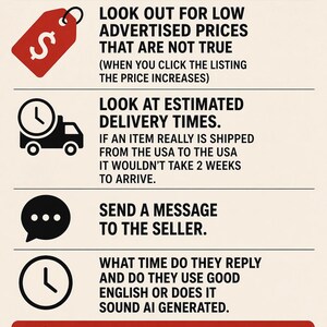 May include: Informational graphic with text: "Want to know if your order is shipped from China?" and tips to avoid scams. Includes icons of a price tag, truck, chat bubble, and clock. The bottom text reads: "Do not be tricked."