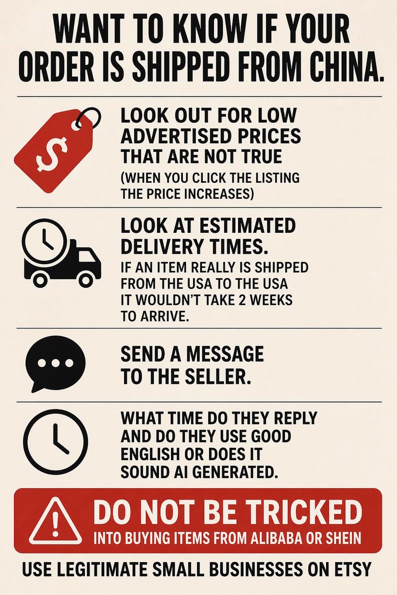 May include: Informational graphic with text: "Want to know if your order is shipped from China?" and tips to avoid scams. Includes icons of a price tag, truck, chat bubble, and clock. The bottom text reads: "Do not be tricked."