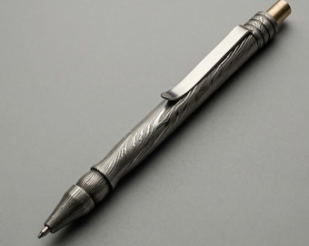 Hand-Forged Damascus Steel Ballpoint Pen, Twisted Pattern, Pocket Clip, Gift for Graduation/Retirement