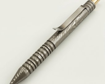 Hand-Forged Damascus Steel Ballpoint Pen, Brass Accents, Gift for Men