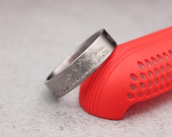 Hand Carved Mountain Range Titanium Ring – Comfort Fit Wedding Band