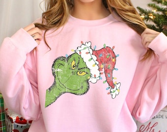 Grinch Christmas Sweatshirt, Light Pink Holiday Pullover, Funny Grinchmas Top, Cute Xmas Gift for Her, Cozy Winter Graphic Sweater, 424146