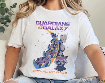 Guardians of the Galaxy Cosmic Rewind T-Shirt, Groot & Rocket Graphic Tee, Marvel Space Hero, Light Blue Unisex Graphic Top, 423905
