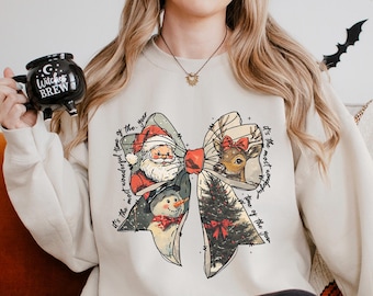 Coquette Christmas Bow Sweatshirt, Christmas Holidays Sweatshirt, Cute Winter Hoodie, Holiday Party Hoodie, Retro Christmas Crewneck 423720