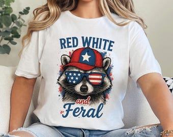 Camiseta Red White And Feral, Camiseta divertida de EE. UU., Camiseta divertida de mapache, Camiseta del 4 de julio, Camiseta de mapache con perrito caliente, Día del Trabajo, 425846