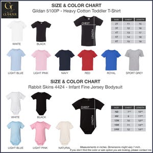 Peut inclure: Tableau des tailles et des couleurs pour les t-shirts pour tout-petits et les bodies pour b&eacute;b&eacute;s. Le tableau comprend diverses couleurs comme le blanc, le noir, le bleu clair, le rose, le marine, le rouge, le royal, le gris sport et le naturel. Les mesures sont en pouces.