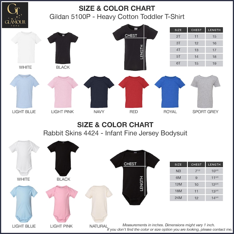 Peut inclure: Tableau des tailles et des couleurs pour les t-shirts pour tout-petits et les bodies pour b&eacute;b&eacute;s. Le tableau comprend diverses couleurs comme le blanc, le noir, le bleu clair, le rose, le marine, le rouge, le royal, le gris sport et le naturel. Les mesures sont en pouces.