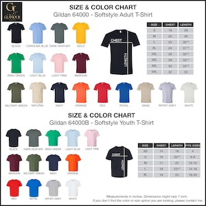 a chart showing the size and color of a t - shirt