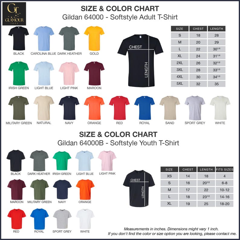 a chart showing the size and color of a t - shirt