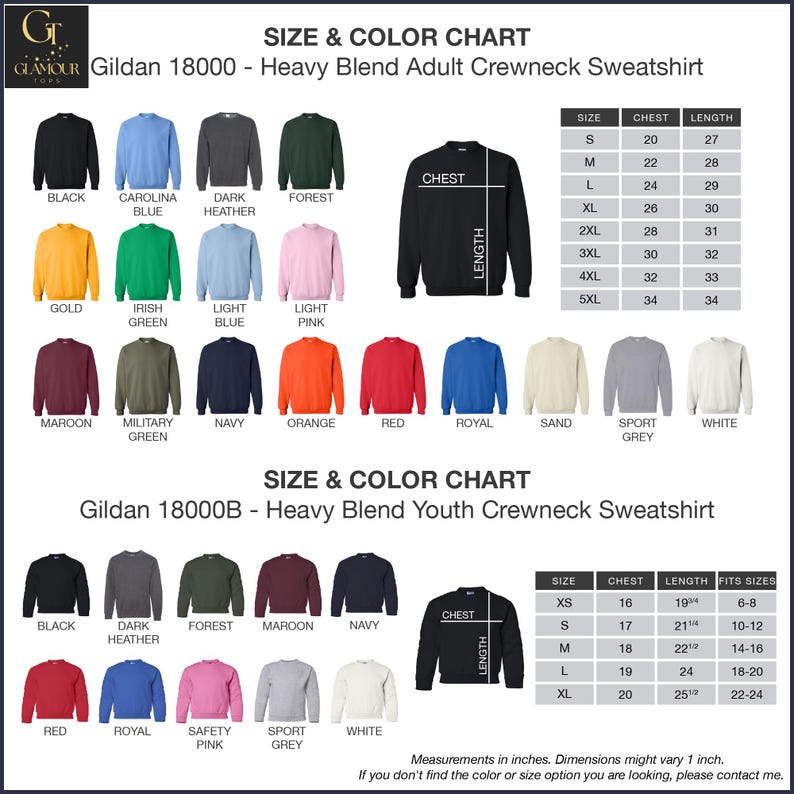 a chart showing the size and color of sweatshirts
