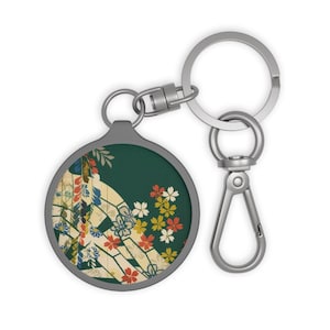 Japanese Floral Cart Keyring Tag | Vintage Kimono Pattern from Taisho Era | Colorful Sakura & Chrysanthemum Design