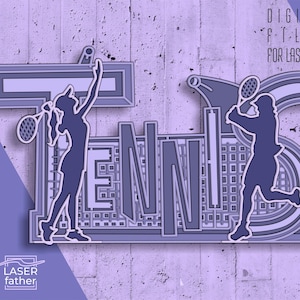 SVG multicamadas 3D de tênis para máquinas de corte, limas de madeira prontas para laser, silhueta de jogador de tênis, design esportivo, formatos AI CDR EPS DWG