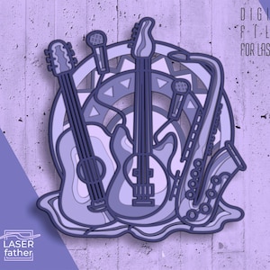 Instrumentos musicais 3D SVG multicamadas para máquinas de corte, arquivos prontos para laser, design Glowforge, corte de papel, formatos AI CDR, EPS e DWG