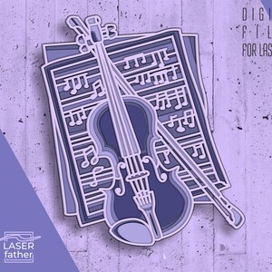 Violino 3D multicamadas SVG para máquinas de corte, arquivos prontos para laser, arte com notas musicais, artesanato em madeira Cricut, design CNC, formatos AI CDR, EPS e DWG