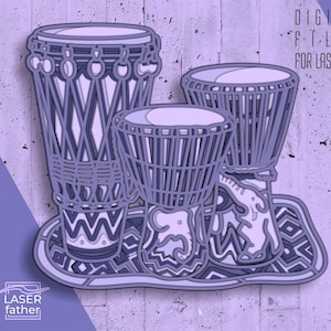 Tambor africano 3D SVG multicamadas para máquinas de corte, arquivos prontos para laser, arte de tambor djembê, vetor de instrumento musical, formatos ai cdr eps dwg