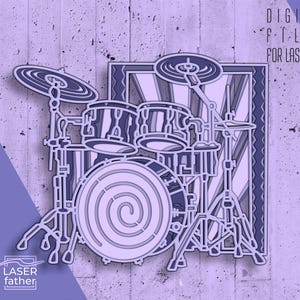 Conjunto de bateria 3D SVG multicamadas para máquinas de corte, arquivos prontos para laser, design musical, arte em bateria, artesanato Glowforge, formatos AI CDR, EPS e DWG