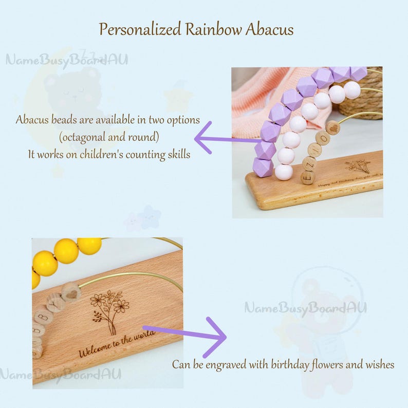 Puede incluir: &Aacute;baco arco&iacute;ris personalizado con base de madera y cuentas de colores. El &aacute;baco presenta cuentas octogonales y redondas en varios colores. La base est&aacute; grabada con texto y dise&ntilde;os florales. Ayuda a los ni&ntilde;os a contar.