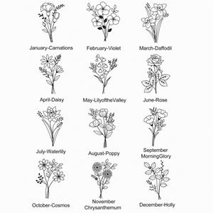 Puede incluir: Dibujos lineales en blanco y negro de doce ramos de flores diferentes, cada uno representando un mes del a&ntilde;o. Cada ramo est&aacute; etiquetado con el mes y el tipo de flor, como Enero-Claveles y Febrero-Violetas.