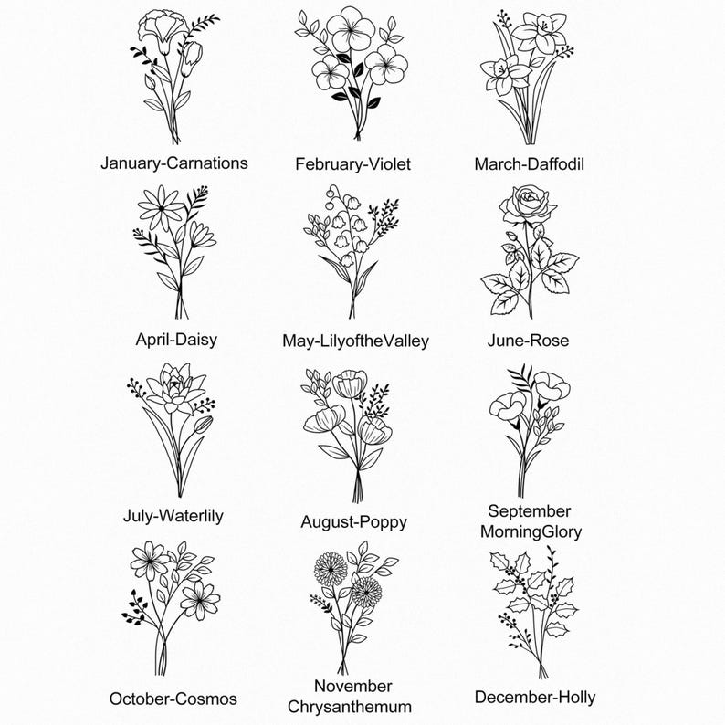Puede incluir: Dibujos lineales en blanco y negro de doce ramos de flores diferentes, cada uno representando un mes del a&ntilde;o. Cada ramo est&aacute; etiquetado con el mes y el tipo de flor, como Enero-Claveles y Febrero-Violetas.