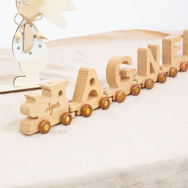 Personalisierter Holzzug mit benutzerdefiniertem Zug, Holzeisenbahn-Set, Holzspielzeug für Kleinkinder, sensorisches Spielzeug für Kinder, kundenspezifische Kindergeschenke