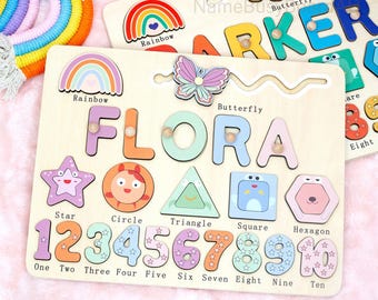 Customized Name Puzzles, Name Puzzles with Animals and Numbers, Name Puzzle Toys, Montessori Toys, Christmas Gifts for Kids