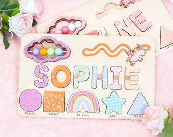 Personalised Name Puzzle With Geometric Shapes,Baby Busy Board,Baby Birthday Gifts, New Baby Gifts, Children's Gifts,Thanksgiving Baby Gifts