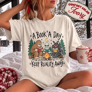Cryptid Book Club Sweatshirt, Sasquatch Alien Reading Shirt, Mothman Campfire Graphic Tee, Spooky Forest Book T-Shirt, Cryptid Bookworm Gift