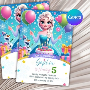 Frozen Birthday Invitation: Elsa Winter Party, Editable Canva Template (Digital Download)