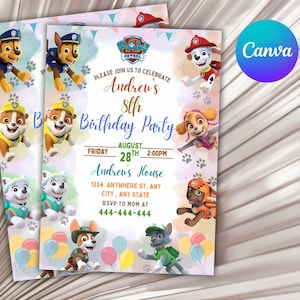 Convite editável da Patrulha Canina | Modelo de convite infantil para impressão | Convite de aniversário da Patrulha Canina e da Equipe de Filhotes | Download instantâneo