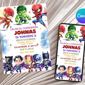 Invito di compleanno per supereroi, invito per festa di compleanno per ragazzi Avengers, modello modificabile stampabile, download digitale istantaneo, modificabile Canva
