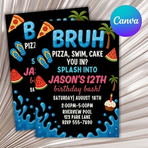 Bearbeitbare Geburtstagseinladungsvorlage für Jungen - Pool-Party, Videospiel-Thema, DIY Canva, digitales Mobile Evite für Dreizehnjährige