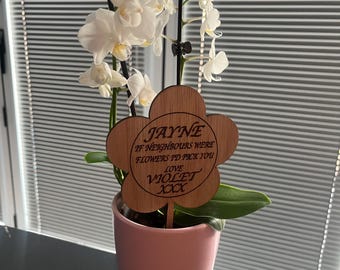 Wooden flower pot label, personalised bouquet tag, thank you gift, housewarming idea, garden, custom wood plant sign wooden plant stick
