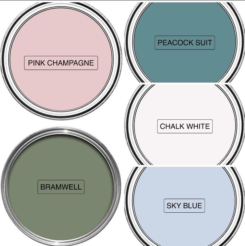 May include: Five paint cans with lids, each filled with a different color. The colors are pink, teal, white, green, and light blue. Each can has a label with the color name: Pink Champagne, Peacock Suit, Chalk White, Bramwell, and Sky Blue.