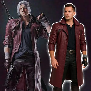 May include: A burgundy leather trench coat with a notched collar, button closure, and belt. The coat is paired with black pants and a black shirt. The image also shows a character illustration wearing a similar coat.
