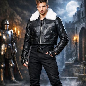 Puede incluir: Chaqueta de cuero negro con cuello de piel blanca, combinada con pantalones negros y guantes sin dedos. La chaqueta tiene un diseño corto y una cremallera plateada. El fondo presenta un castillo medieval y una luna llena.