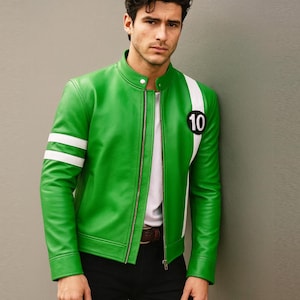 May include: A vibrant green leather jacket with white stripes on the sleeves and a white stripe down the side. The jacket features a black and white patch with the number 10. The jacket has a zipper closure and a round collar.