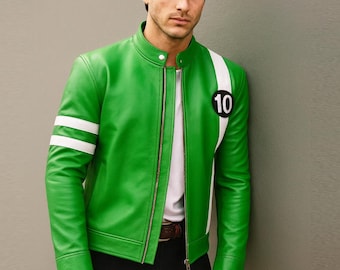 Superhero Ben 10 Green Cosplay Jacket | Ryan Kelley Alien Swarm Tennyson Leather Biker Jacket | Handmade Ben 10 Halloween Costume Coat
