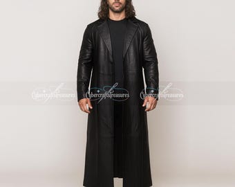 Handmade Real Leather Trench Coat| Men’s Long Black Leather Duster Coat| Western Cowboy Coat