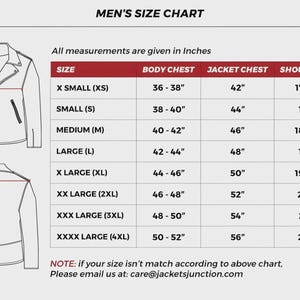 Puede incluir: Una tabla de tallas para chaquetas con dos dibujos lineales de una chaqueta que muestran los puntos de medici&oacute;n de pecho, mangas y hombros. La tabla enumera tallas de XS a 4XL con las medidas correspondientes de pecho, hombros y mangas en pulgadas.