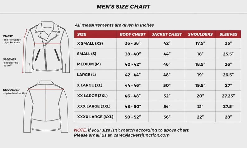 Puede incluir: Una tabla de tallas para chaquetas con dos dibujos lineales de una chaqueta que muestran los puntos de medici&oacute;n de pecho, mangas y hombros. La tabla enumera tallas de XS a 4XL con las medidas correspondientes de pecho, hombros y mangas en pulgadas.