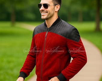Giacca in pelle scamosciata rossa di nuova generazione ispirata al Capitano Picard fatta a mano/Abito rosso da film/Costume da cosplay di Natale/Regalo per lui