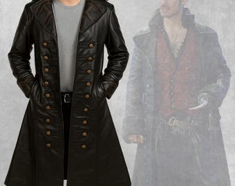 Real Leather Captain Hook Trench Coat: Vintage Pirate Cosplay Costume