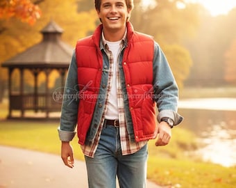 Giubbotto imbottito di Marty McFly, gilet retrò per cosplay, regalo per fan di Ritorno al futuro, iconico costume vintage rosso anni '80, gilet trapuntato stile ducktail