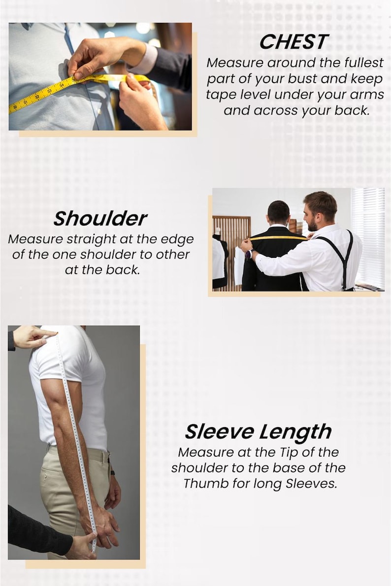 May include: Image demonstrating how to measure for clothing. Includes instructions for chest, shoulder, and sleeve length measurements. A yellow measuring tape is used to measure a person's chest. The text reads "Measure around the fullest part of your bust and keep tape level under your arms and across your back."