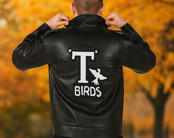 Chaqueta de cuero T Birds Grease hecha a mano / Chaqueta de motociclista de piel de cordero auténtica / Chaqueta bomber T Birds Grease bordada / Regalo para él
