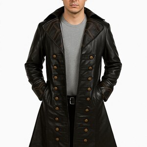 Men Captain Hook Real Leather Long Trench Coat