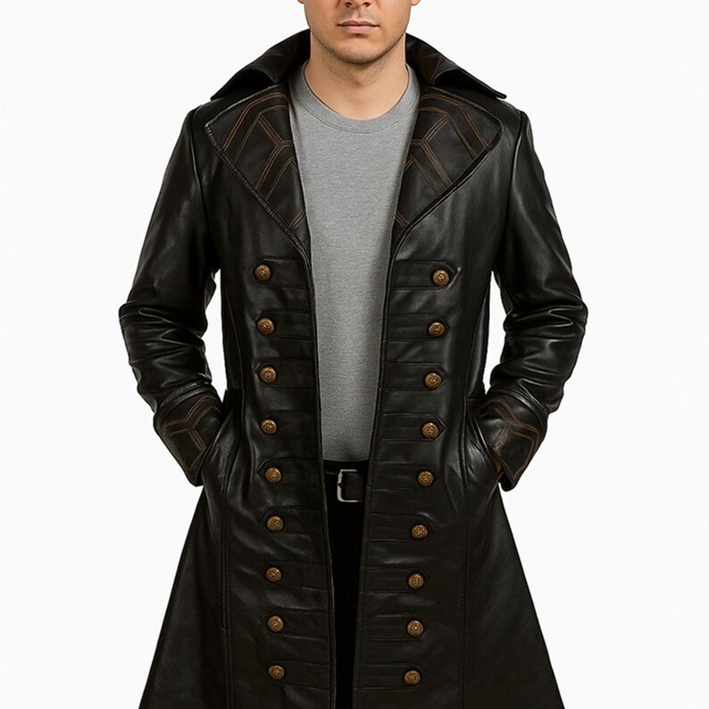Men Captain Hook Real Leather Long Trench Coat