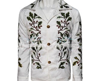 Traje blanco bordado Oliver Quick inspirado en Saltburn / Chaqueta con bordado de hojas verdes / Chaqueta blanca de algodón premium / Disfraz de fiesta de Halloween