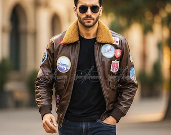 Men's Maverick T-G Cruise Pilot Flight Bomber Real Leather Jacket-Pete Maverick Tom Cruise Leather Jacket With Embroidery Patches