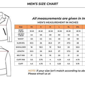May include: A white background displays a men's size chart for jackets. The chart includes measurements in inches for body chest, jacket chest, waist, sleeves, shoulder, length, belt rib, cuff rib, and cuff. The chart ranges from XS to 4XL.